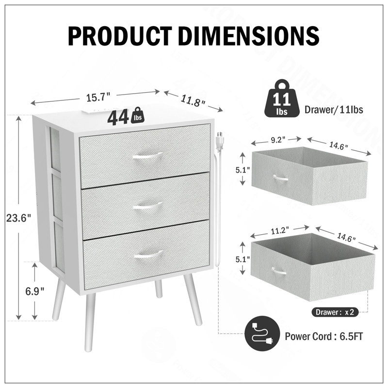 Ensemble de 2 tables de chevet modernes avec station de charge, tables de chevet avec éclairage DEL et tiroirs en tissu pour plus de commodité