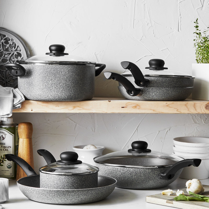 10-Piece Gray Aluminum Nonstick Cookware Set with Glass Lids
