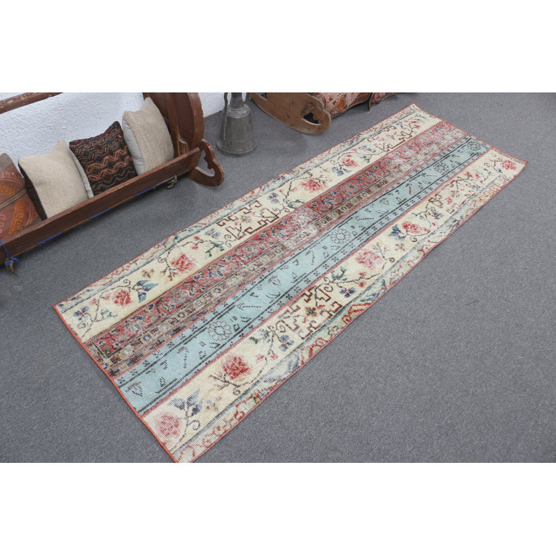Tapis de couloir turc vintage beige pour escalier et couloir avec motif de patchwork antique