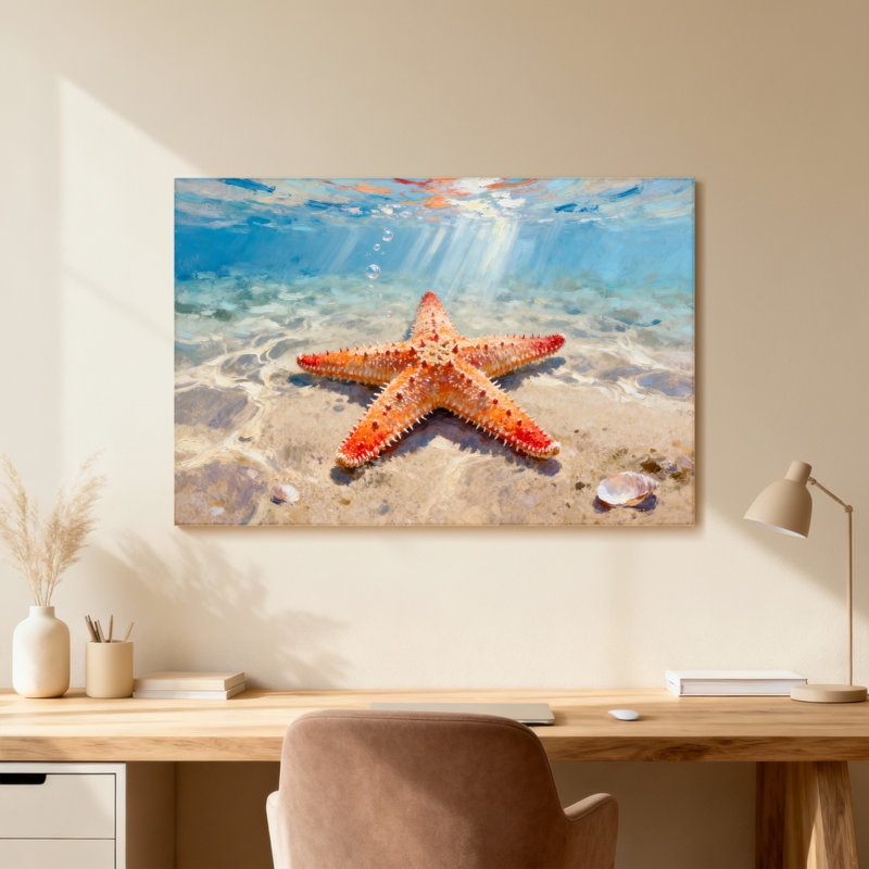 Animaux étoile de mer sur une plage de sable sous l'eau claire, H 16 po x l 24 po, Toile tendue, Ne s’applique pas