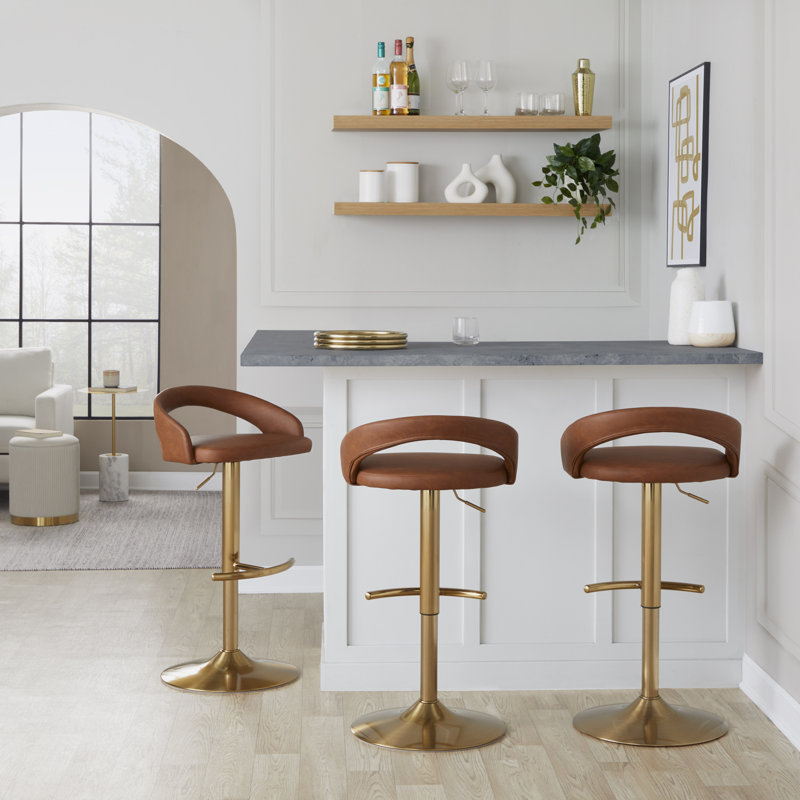 Tabouret de bar Laurenzio, Similicuir chameau, Ensemble de 3, Doré