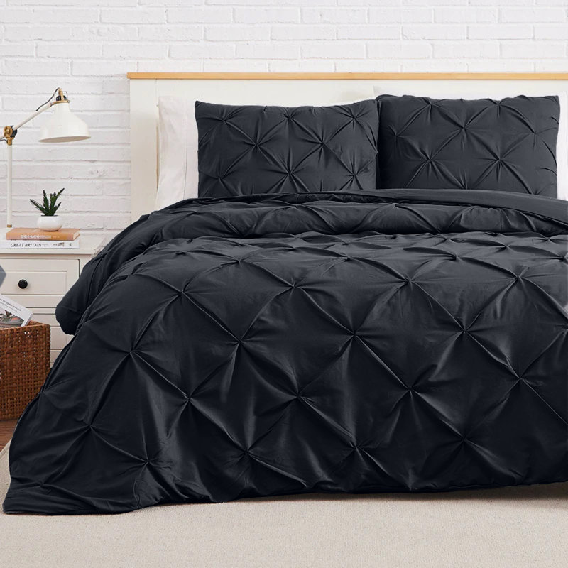  Luxurious Microfiber Pintuck Design Duvet Cover With Pillowcases , Black, Super King Duvet Cover + 2 Standard Pillowcases