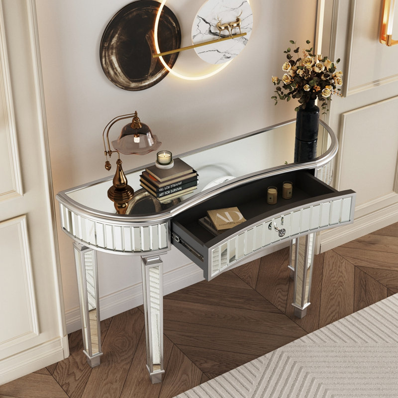 47 Inch Half-Moon Mirrored Console Table with Fluted Glass and Crystal Knob, Perfect for Entryway or Bedroom, Gray/Silver
