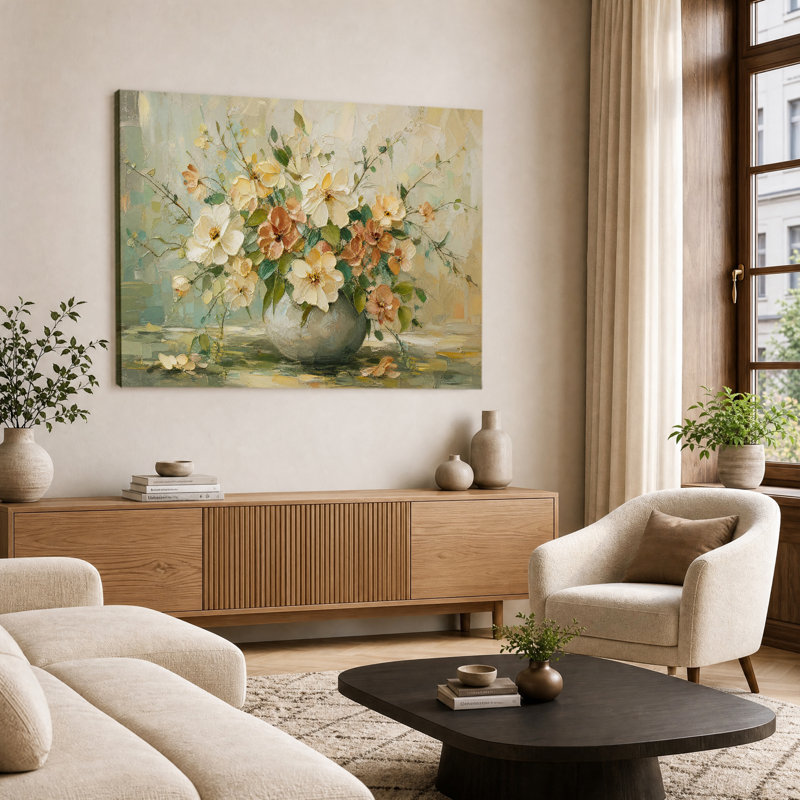«White Peach Flower Vase Soft Mint», reproduction d'art sur toile tendue sur toile, 20 x 30 po