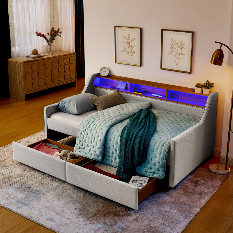 Twin Size Upholstery Sofa Bed With Three LED Lights, With Storage Adjustable Headboard, With Two Storage Pull Up Drawers And Wireless Charging