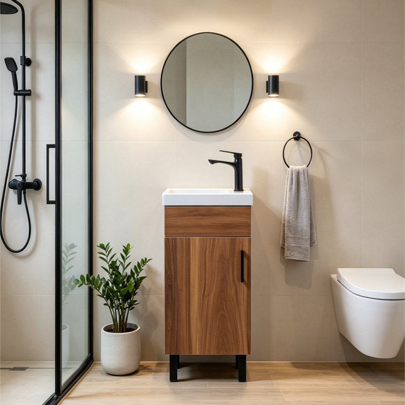 16'' Mini Free-Standing Single Bathroom Vanity With Ceramic Top, Brown