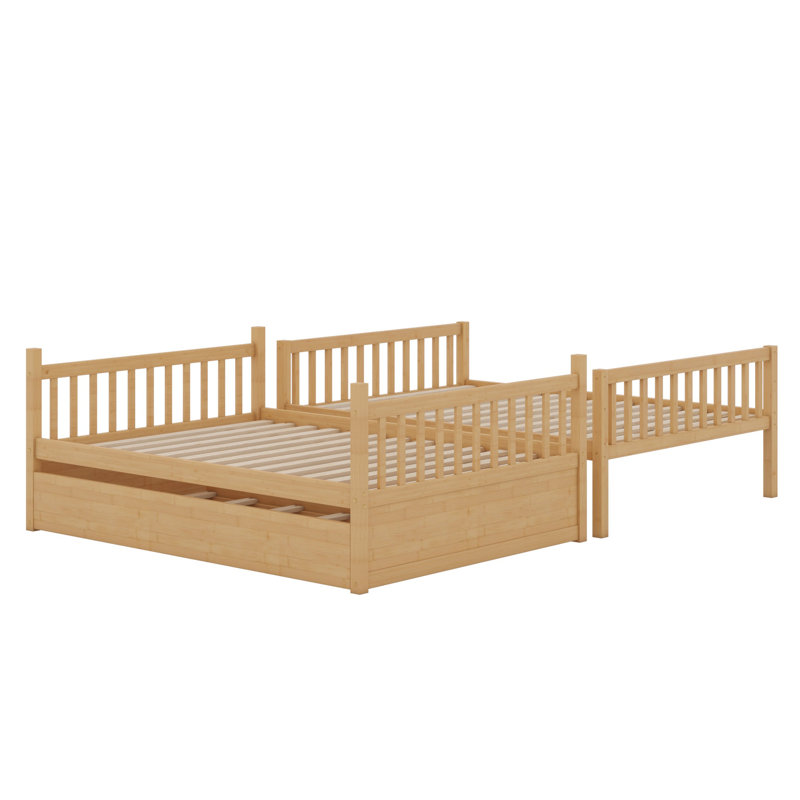 Lit superposé en bois polyvalent avec lit gigogne, échelle et rails de sécurité, convertible en 2 lits, Chêne blanc