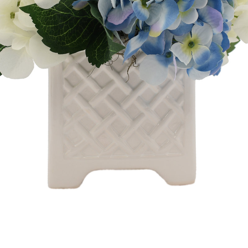 Mixed Hydrangeas In White Woven Planter, Blue and White