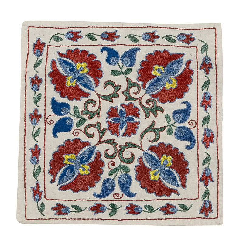 Taie d'oreiller Suzani. Nouvelle housse de coussin en coton et soie brodée à la main. 18 x 19 po