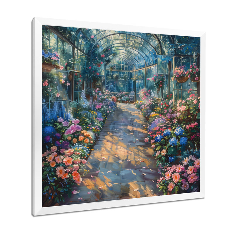 Jardin rose et vert Eden Greenhouse I - Art mural, Cadre photo blanc simple, bois massif, H 30 po x l 30 po
