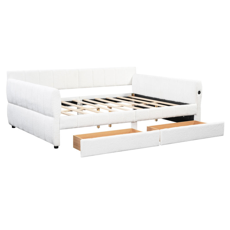 Upholstered King Daybed With USB and Drawers, White