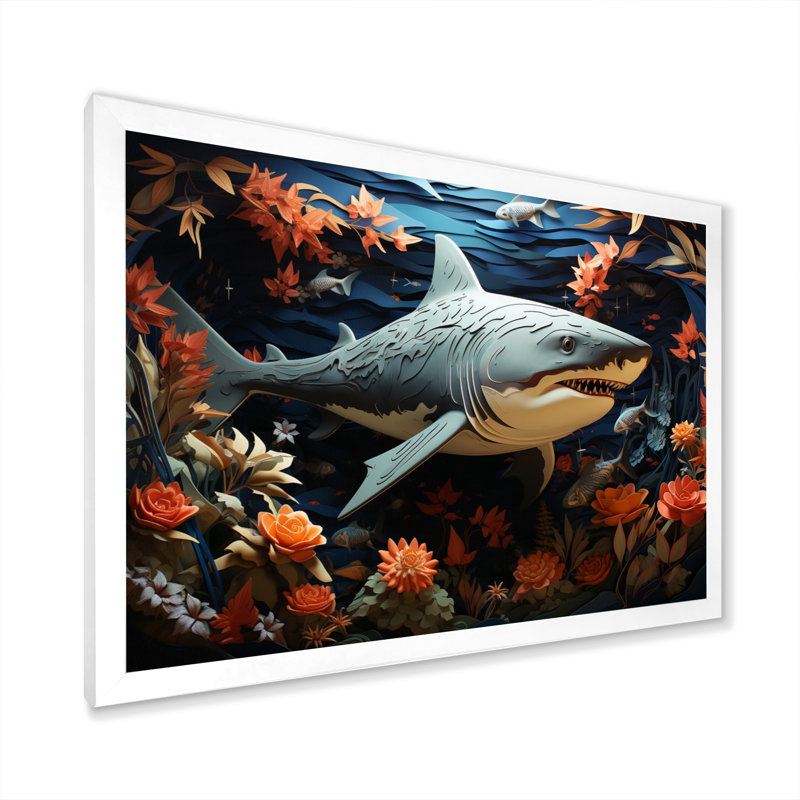" Blue Shark Silent Hunter Papercut ", 24" H x 32" W x 1" D, White Single Picture Framed