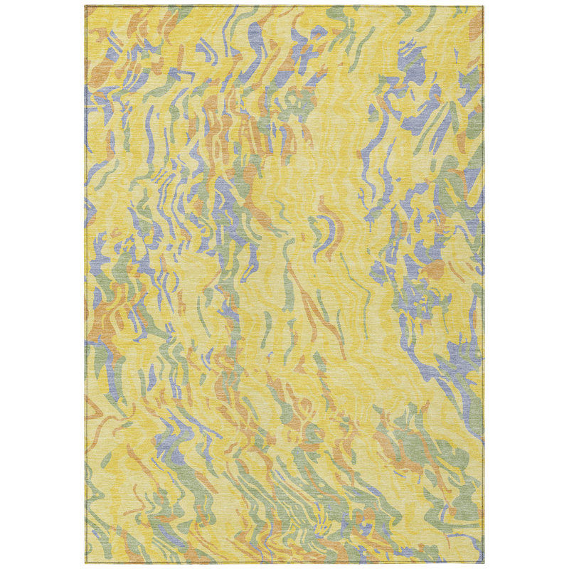 Yellow Rectangular Flat Woven Synthetic Washable Rug, 46" x 30"