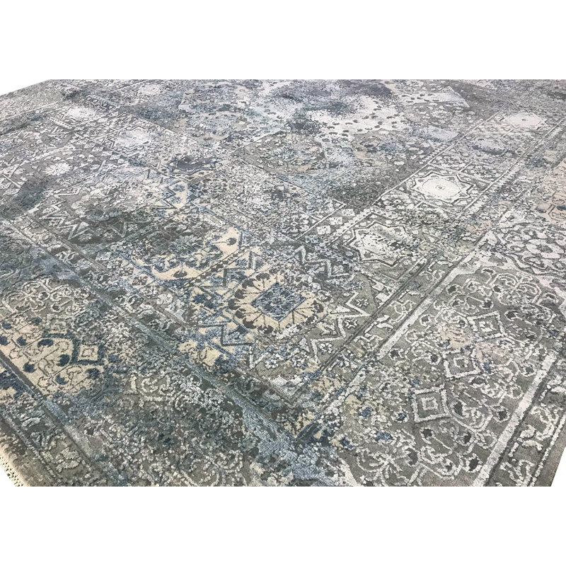 Tapis gris / bleu en laine / soie noué à la main, Rectangle 6 pi x 9 pi