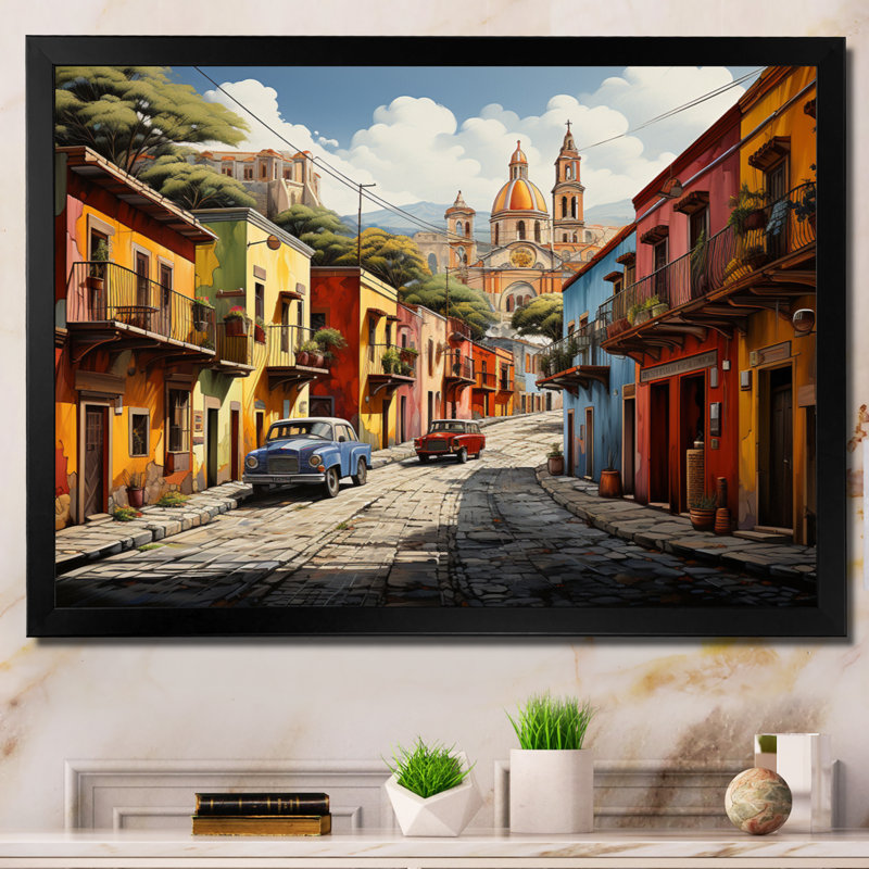Mexico Mexico Fiesta City III - Art mural Mexique, H 12 po x l 20 po x P 1 po, Cadre simple noir