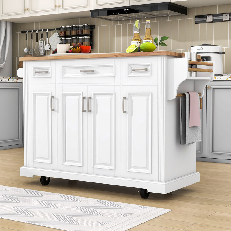 Rolling Kitchen Island Cart with Rubber Wood Drop Leaf, Storage Cabients and Soft Close Drawers, White