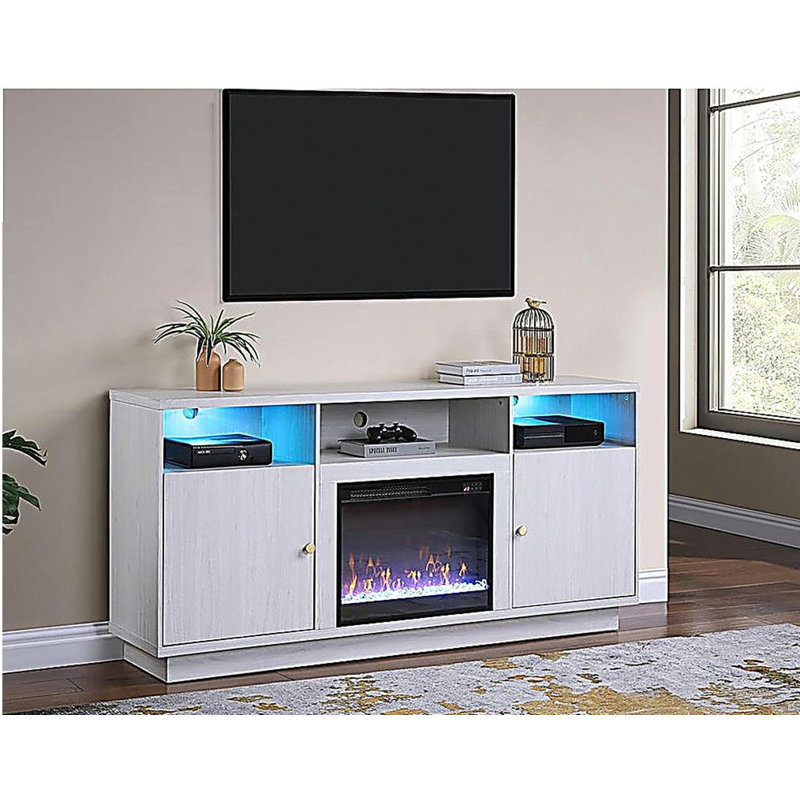 Console de meuble télé avec chauffeur, éclairage DEL, armoires, tablettes l 70 po Ambrogio, Blanc/noyer