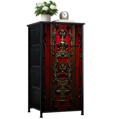 Gothic Dresser for Bedroom with 4 Storage Drawers Ornate Gold Baroque Floral Red Wooden Dressers Chest of Drawers Steel Framed Fabric Closet Organizers for Dorm Entryway