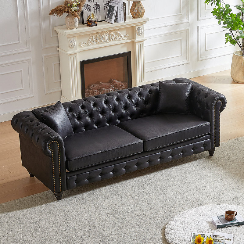 Canapé Chesterfield en similicuir, H 28,3 po x l 85,5 po x P 32,3 po, Noir