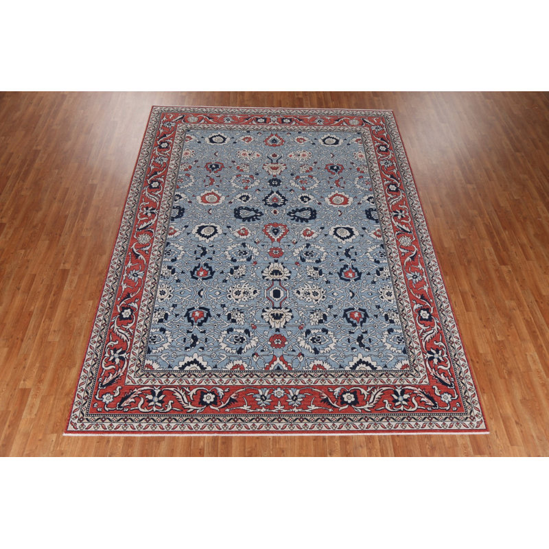 Tapis beige / ivoire / bleu en laine noué à la main de conception unique 9 pi x 11 pi 9 po