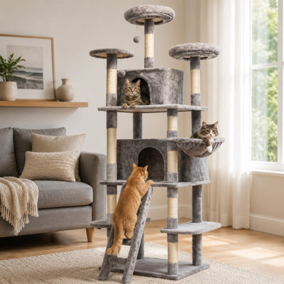 70.9" Large Cat Tree Tower – 7-Tier Cat Tree with 2 Condos, 3 Perches & Hammock, Gray Plush for Multi-Cat Families
