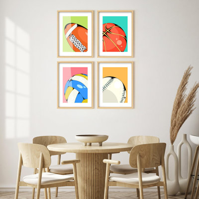Multicolore encadré, ensemble de galerie d'art encadrée, football, basketball, volleyball, sports variés, art numérique, pop, pour salon, chambre à coucher, bureau