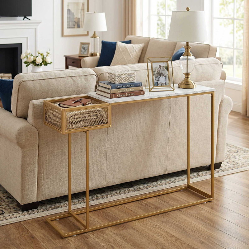 Rectangular White Faux Marble Console Table With Storage For Entryway Hallway Living Room