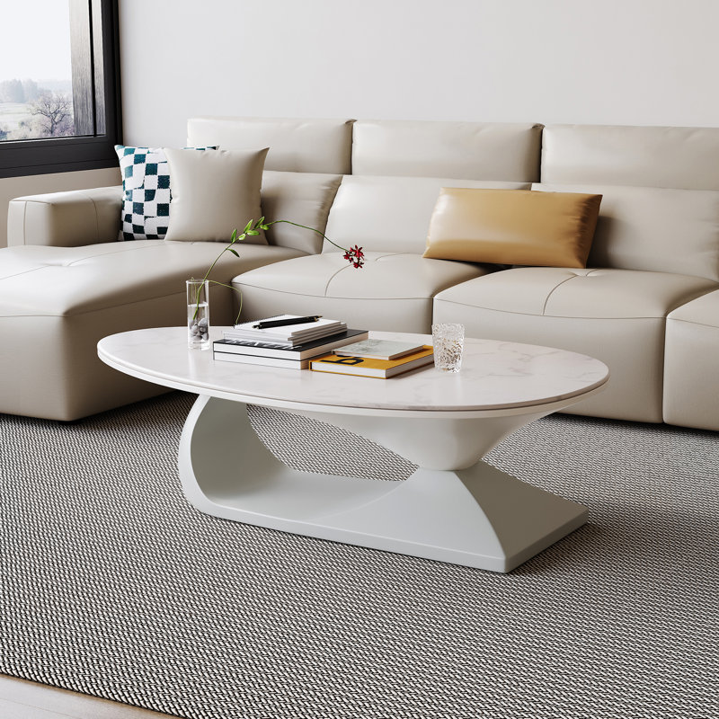 Table basse ovale moderne de style crème moderne avec plateau en pierre frittée de luxe, Blanc