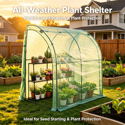 3 Tier Lean-To Walk-in Greenhouse 79 × 39 × 83 inches, Weatherproof Outdoor Indoor Plant Greenhouse with Powder Coated Steel Frame, Built-in Wire Shelves and 2 Roll-Up Zipper Doors, Green