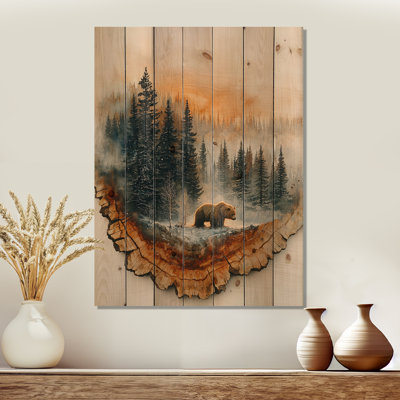 Grizzly Bear Animal A Winter Landscape II - Bear Wood Wall Art - On Natural Pine Wood
