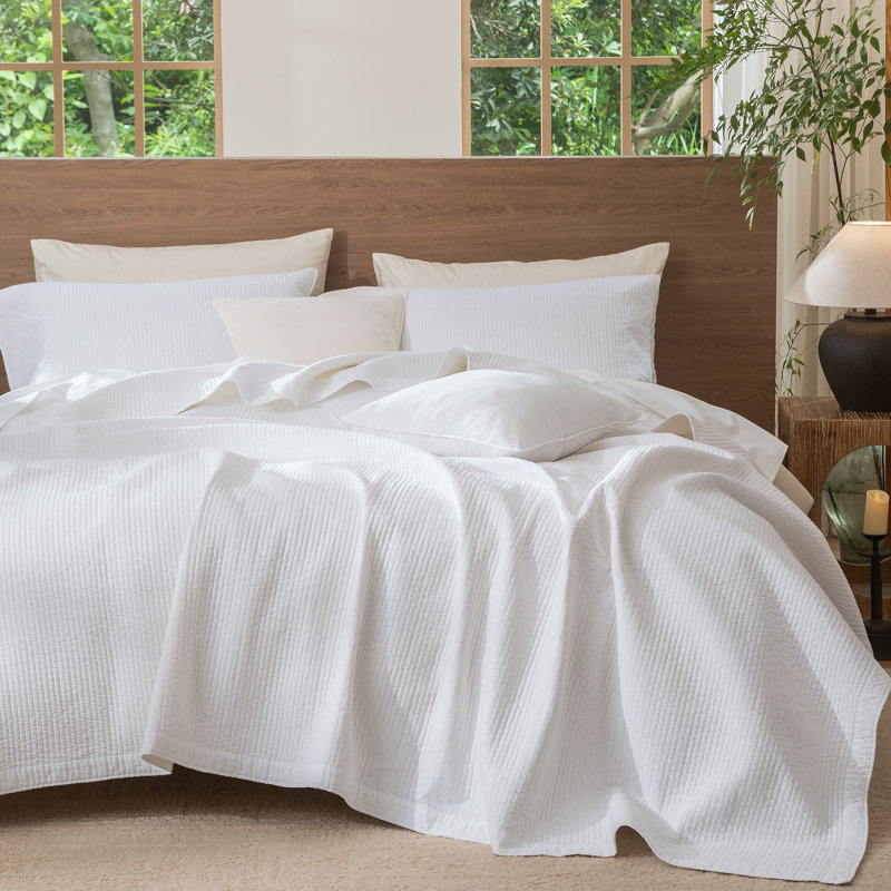 MooMee Lightweight Quilt Set 100% Washed Cotton Linen-Like Stripe Stitch Breathable All-season , Bright White