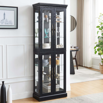Bibliothèque éclairée à 6 niveaux avec portes en verre, tablettes réglables avec dossier en miroir, bibliothèque autoportante pour le salon, le bureau