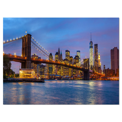 Brooklyn bridge avec lumières et réflexions-cityscape, reproduction de photo sur toile tendue