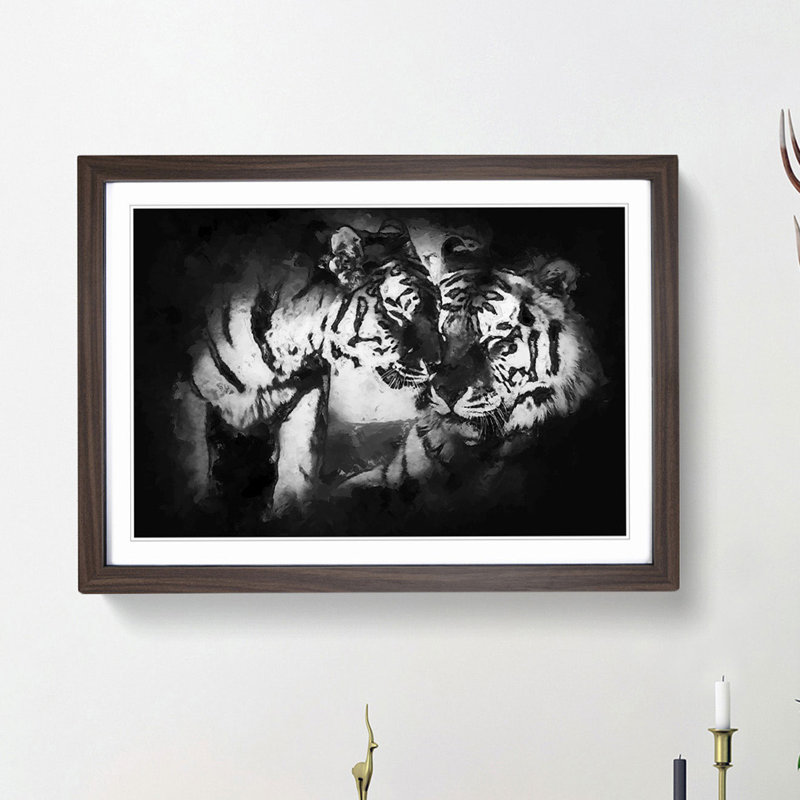 Two Snuggling Tigers in Abstract - Picture Frame Painting Print, Walnut Framed, 36cm H x 48cm W x 2cm D