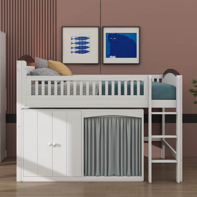 Lit mezzanine avec armoire de rangement, garde-robe et éclairage intégré, lit mezzanine en bois robuste avec échelle et rails de sécurité pour adolescents