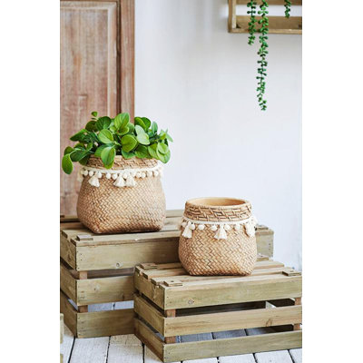 Jardinière, ensemble de 2 jardinières en ciment avec pampille tissée