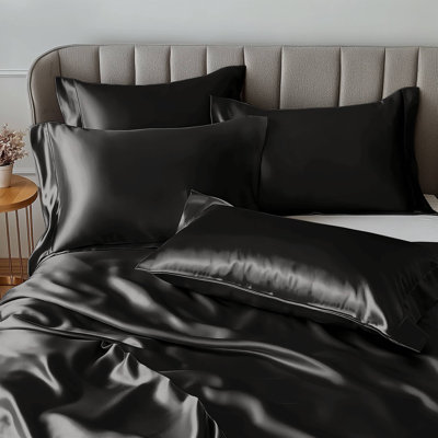 Satin Black 100% Satin Luxury Wrinkle Resistant 4-Piece King Sheet Set