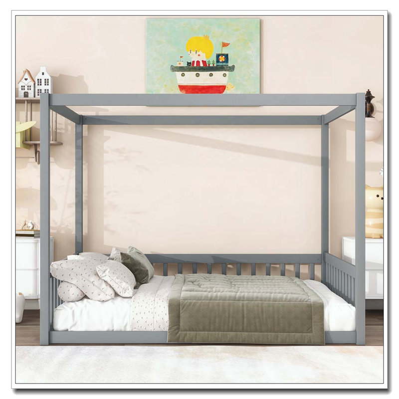 Lit en bois d'hévéa avec clôture Canopy, Gris