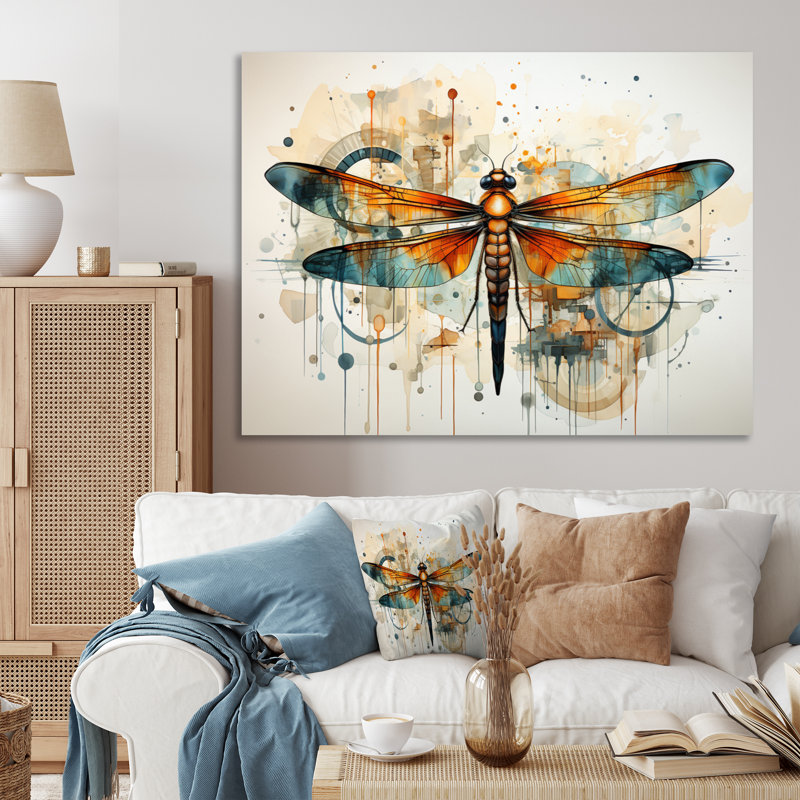 «Orange Dragonfly Insectes Flight Geometric II», reproduction sur toile, Toile tendue, H 30 po x l 40 po x P 1,5 po