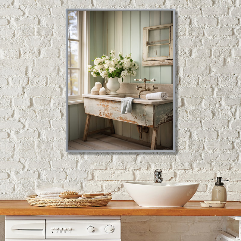 Maxon Farmhouse Vintage Laundry Room - reproduction sur toile, H 32 po x l 24 po, Reproduction avec cadre flottant, Blanc