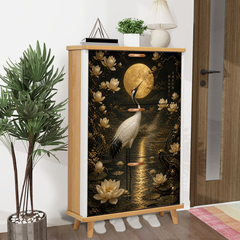 Meuble de rangement à chaussures minimaliste et élégant, de style oriental, avec 3 tiroirs rabattables, motif grue, lune dorée et étang de lotus. Organisateur de chaussures autoportantes, gain d'espace, idéal pour l'entrée, le corridor, la chambre, les petits appartements et la maison.