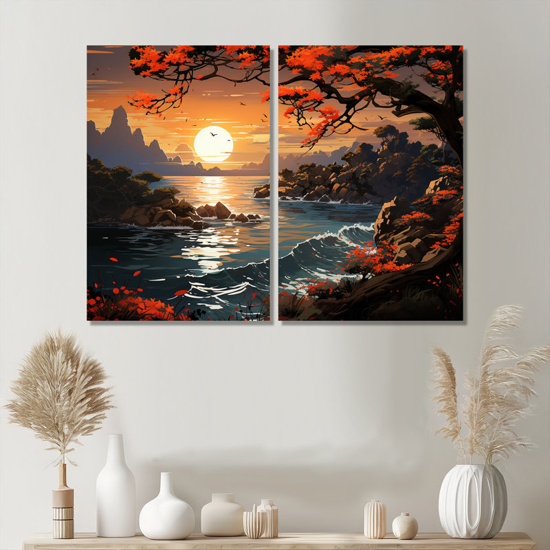 Décor de coucher de soleil japonais avec côtes japonaises - vue côtière 1, H 36 po x l 48 po, Toile tendue, Ne s’applique pas