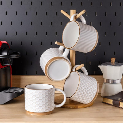 12Oz Stackable Ceramic Coffee Mugs Set Of 4, Textured Modern Cups For Latte Cappuccino Cocoa, Dishwasher & Microwave Safe, Off White