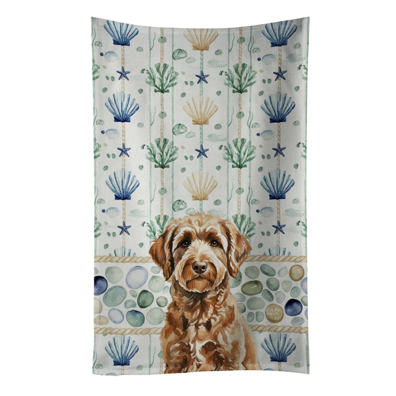 Chocolate Labradoodle Coastal Sea Glass Kitchen Towel, Chocolate Labradoodle
