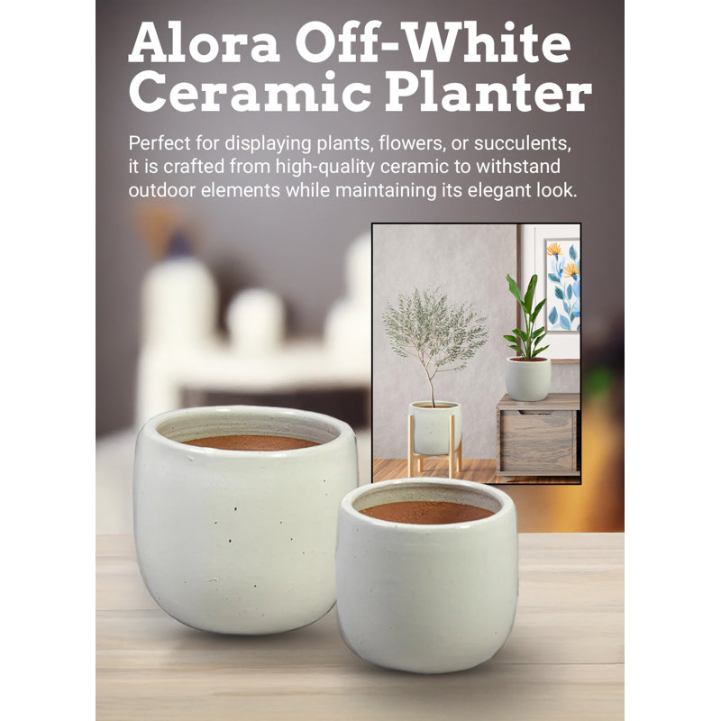  Alora Off-White Ceramic Planter – Modern Round Planter For Indoor & Outdoor Plants, Garden, Patio, Office, Hotel Lobby Décor