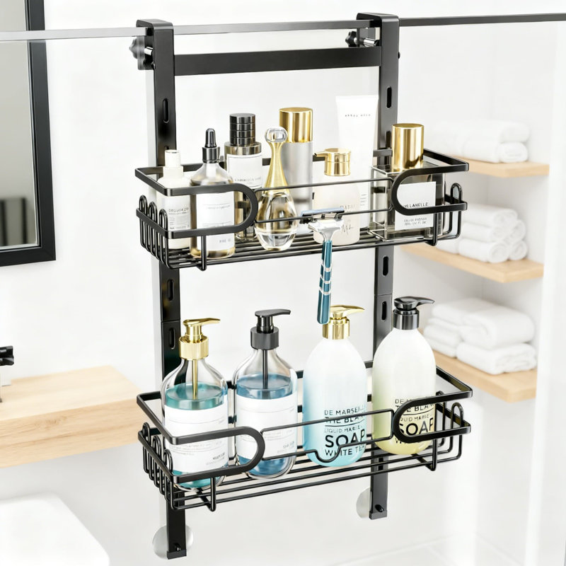 Over The Door Shower Caddy With 12 Hooks, 2-Tier Adjustable Rustproof Hanging Shower Organizer Shelf For Bathroom Storage, Easy Installation No Drilling Required
