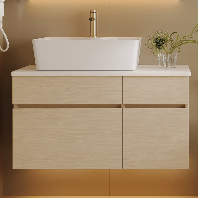 Meuble-lavabo 31,5 po avec lavabo vasque, plateau en bois massif, armoire de rangement murale en céramique
