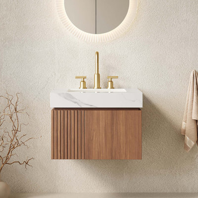 Floating Bathroom Vanity with Carrara Sintered Stone Top and Soft-Close Storage Doors