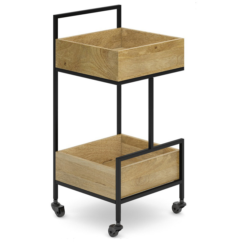 Natural Mango Wood and Black Metal Industrial Bar Cart with Storage