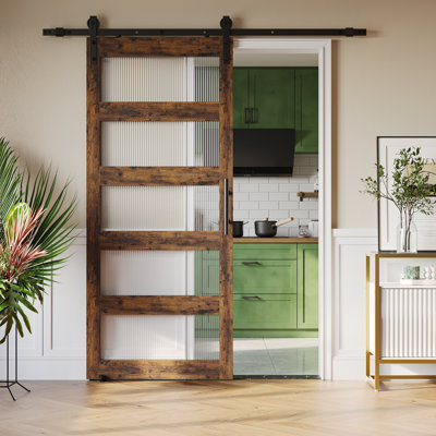 Porte de grange coulissante en verre givré de 84 po avec quincaillerie, portes intérieures de ferme avec poignée et serrure Compatible Products